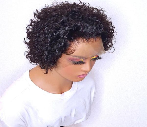 

lace wigs short jerry curly pixie cut human hair for women malaysian closure pre plucked deep t part remy5686872, Black;brown