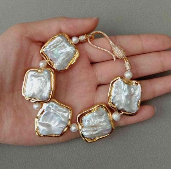

natural geometric white square keshi pearl gold color plated bracelet 8quot handmade for wedding women girls lovers7597374, Black