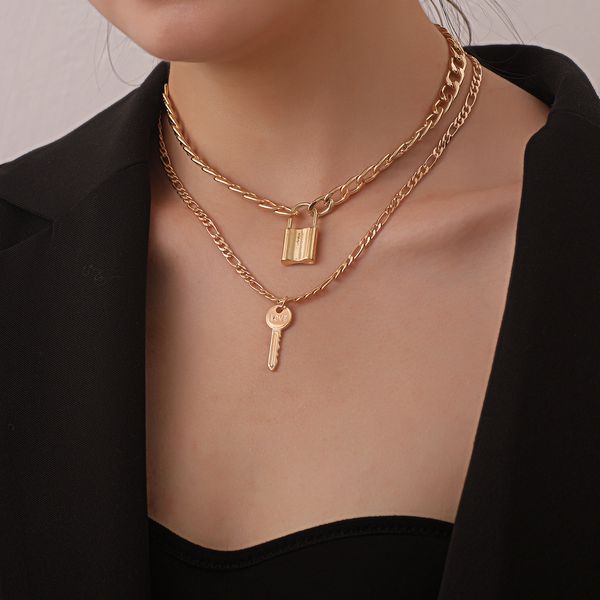 

necklace designer fashion exaggerated geometric locket necklace woman, aluminum chain key personality double-decker necklace handmade design, Silver