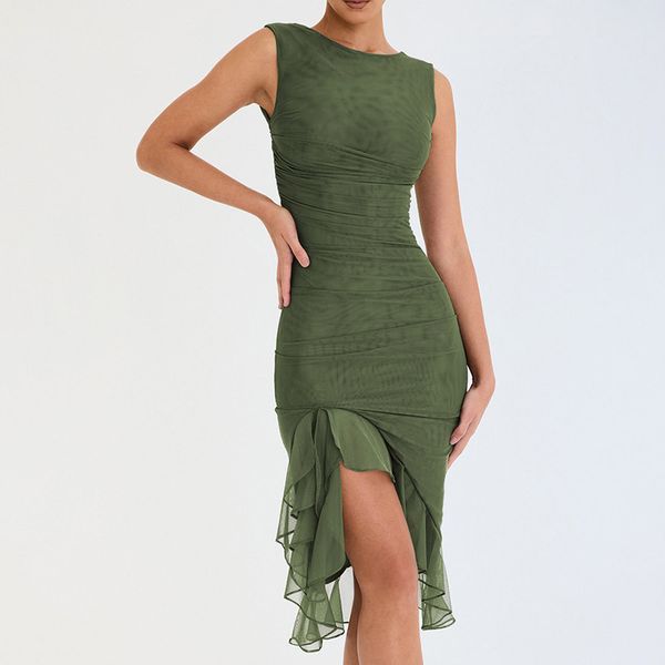 

elegant ruffle ruched midi dress for women robe summer new backless sleeveless irregular club party dress vestido, Black;gray