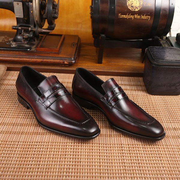 

berluti high end men's lefu formal shoes with cowhide upper and crocodile leather crossbar genuine leather sole pure hand-painted, Red;white