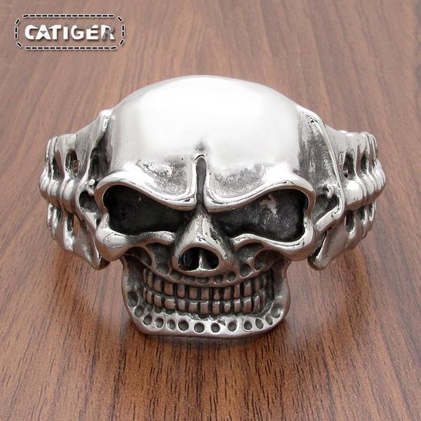 

bangle punk silver color black color 316l stainless steel gothic vintage heavy big skull bones cuff bangle