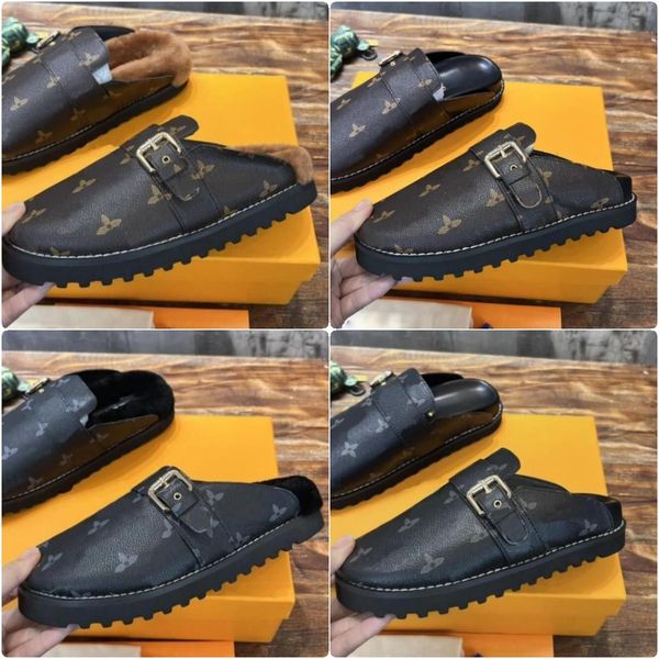 

designer cosy comfort clog sandals slippers slide luxury women men fur leather mules slippers fashion winter warm plush slides, Black