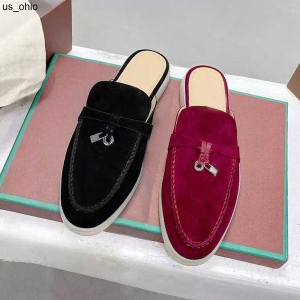 

slippers men beac designer shoes lazy flat baotou flip flops shoe 100 leather lady shoes slides suede letter classic women slipper metal men, Black