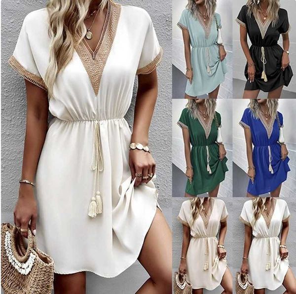 

spring/summer solid short sleeve lace v-neck waist dress, White