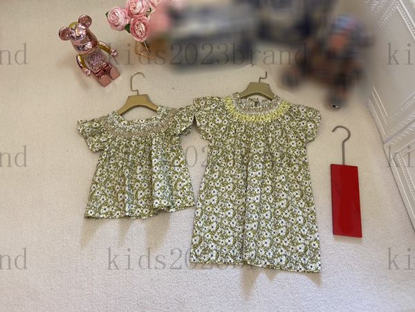 

kids designer flower dresses kahki color kids designer puff sleeve dress floral dress high end girls pleated skirts 2023ss summer fashion sk, Red;yellow