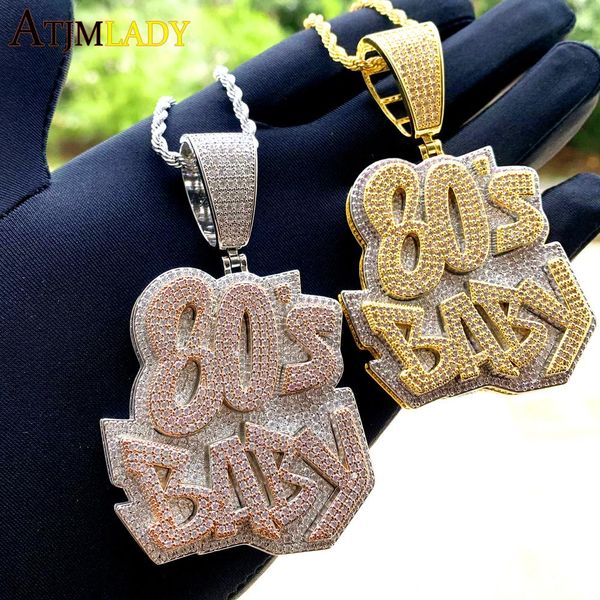

necklaces hip hop men boy two tone color plated necklace iced out bling 5a cubic zirconia 80's baby pendant fashion letter charm jewelr, Silver