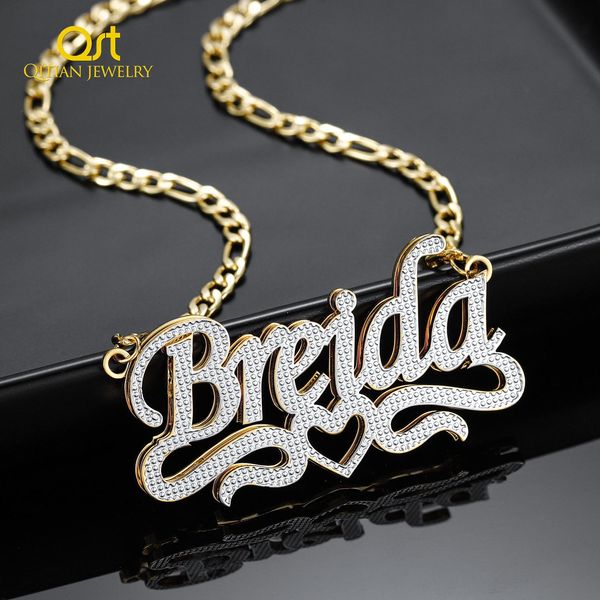 

necklaces double layer heart nameplate pendant custom 18k gold plated stainless steel name necklace personalized jewelry gift for her, Silver