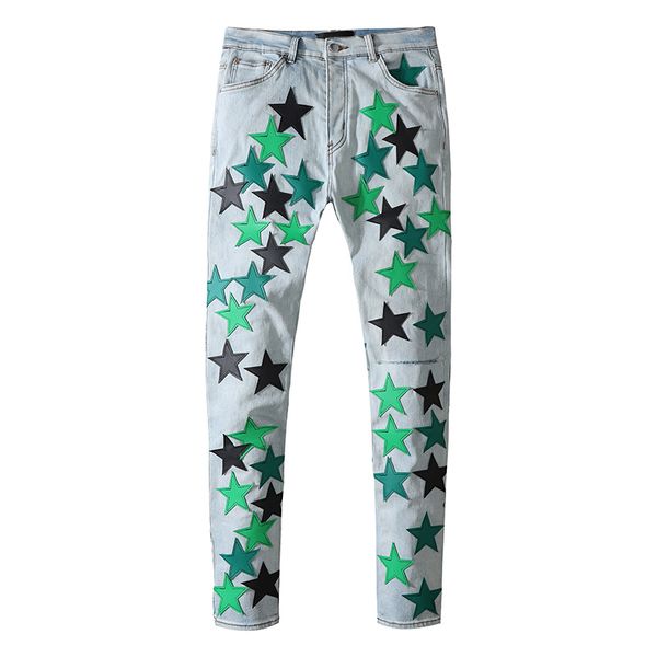 

fashing men blue star patch straight slim vintage worn hole jeans amiryes