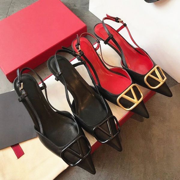 

luxury brand women sandals high heels metal v-buckle summer genuine leather nude black thin heel pointed red wedding shoes with dust bag 35-