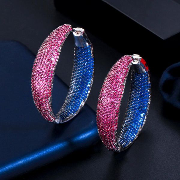

huggie threegraces new fashion blue red cubic zirconia stone big circle round hoop earrings for women fashion cz party jewelry er523, Golden;silver