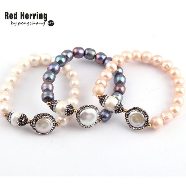 

bangle fashion oval flat pearl handmake paved freshwater pearl strand bracelet, Black