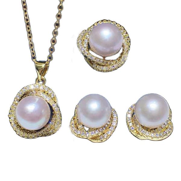 

necklace yknrbph 14k women's natural freshwater pearl ring earring pendant set 1011mm white round pearl boutique weddings pearl jewelry, Silver