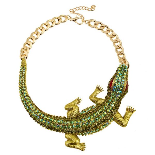 

necklaces fashion exaggeration alloy rhinestone necklace all rhinestone green crocodile clavicle chain necklace for women, Silver
