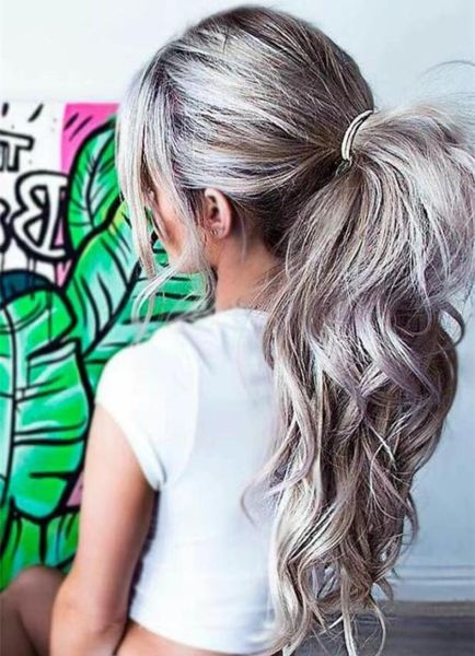 

body wave grey human hair ponytail clip in silver hairs ombre brown pony tail updo women afro gray hairextension5563043, Black