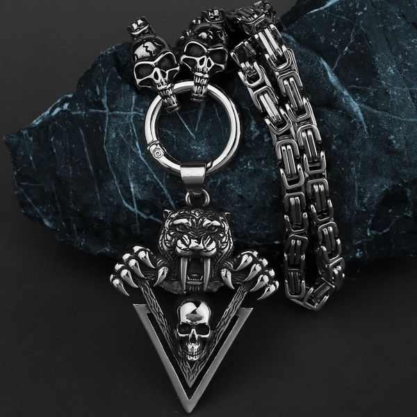 

necklaces vintage tiger skeleton skull pendant ghost head vintage necklace men's gothic hip hop charm stainless steel necklace jewelry, Silver