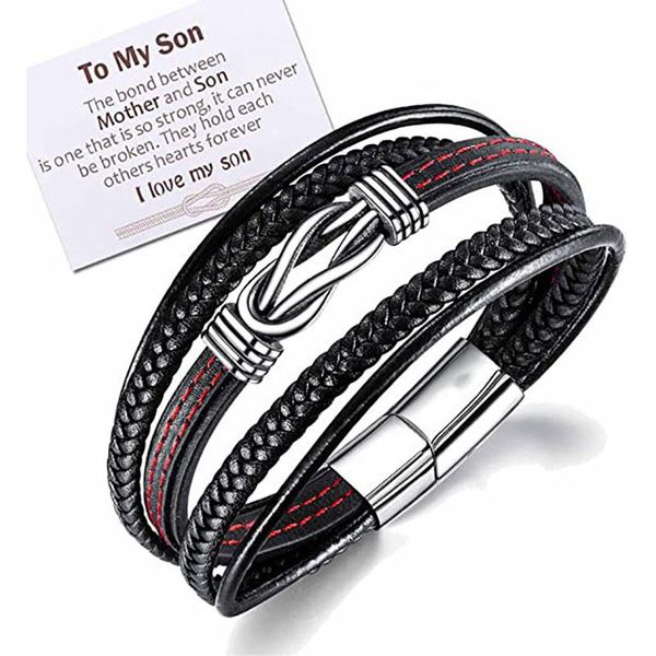 

bangle to my son braided leather bracelet "i will always be with you" men double row magnetic closure personalized leather bracele, Black