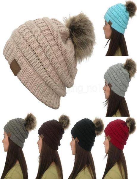 

8colors women winter knitted beanie faux fur cap pom ball crochet hats knitted hat skully warm ski trendy soft thick caps ljja8234284518, Blue;gray
