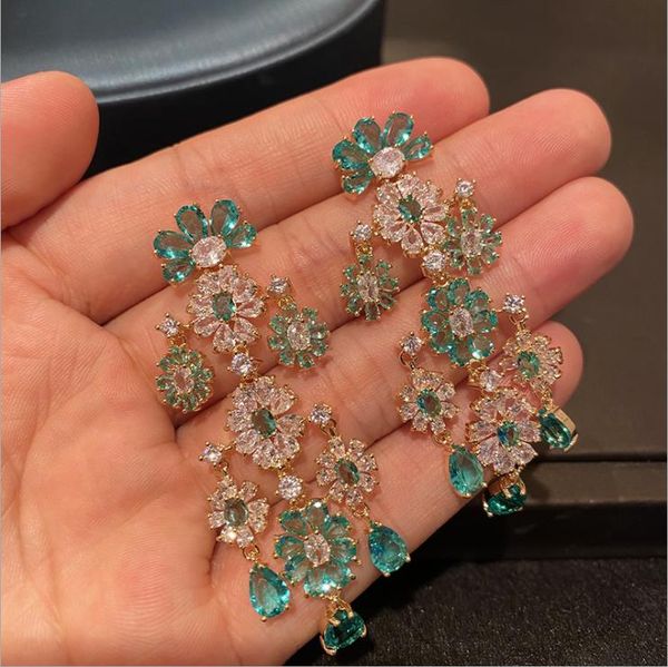 

knot women green flower earrings water drop pendant temperament wedding dinner zircon earrings threedimensional flower, Silver