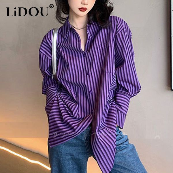 

womens blouses shirts spring autumn poloneck striped printing elegant fashion blouse female long sleeve harajuku y2k allmatch loose shirt wo, White