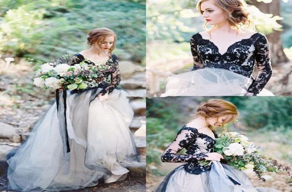 

2020 black wedding dresses with long sleeve v neck a line lace appliques puffy tulle backless rustic style bridal gown cust7728738, White