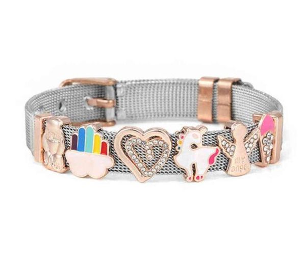 

10mm stainless steel mesh bracelet with color unicorn slide charm beads diy heart angel romantic jewelry gift for women6144301, Black