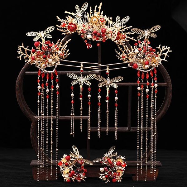 

necklace xiuhe tiara chinese classical red long tassel phoenix hair clip comb earrings jewelry sets bride wedding clothing accessories, Silver
