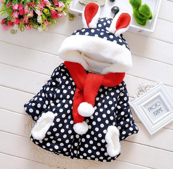 

new style children cotton coats scarf with ball furry edge kids winter jackets dots rabbitshaped hooded coats for girls retai6150543, Blue;gray