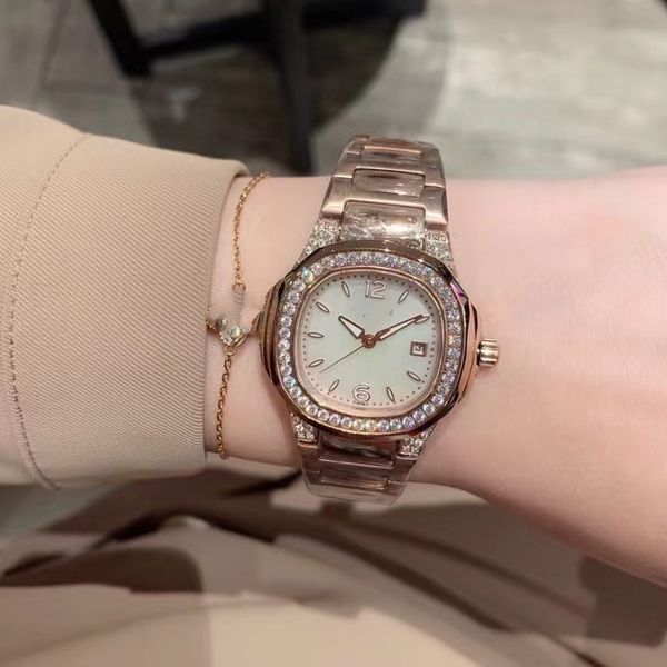 

women's rose gold stainless steel luxury watch sapphire diamond ring calendar exquisite wrist watch, Slivery;golden