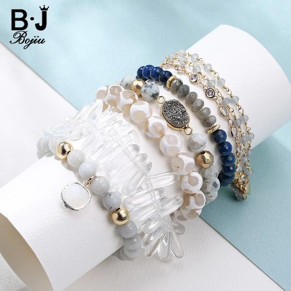 

bangle bojiu 6 pcs/set white natural stone bracelets stack silvery druzy gold leaf pendant zircon chain woman quartz bracelet bcset32, Black