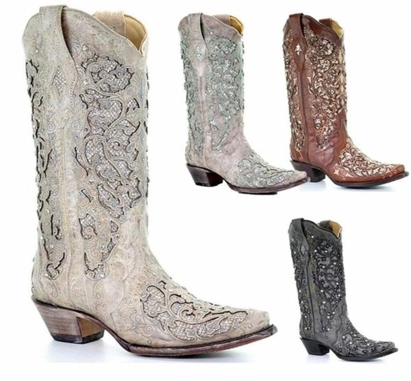 

boots women autumn winter glitter inlay and crystals pointed toe retro thick heel western shoes elegant white knee 2209094819705, Black