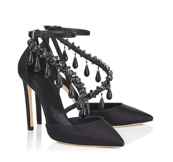 

black crystal ankle wrap stiletto sandals high heels pumps pointed toe women sandals cut out leather dress shoes woman3982650