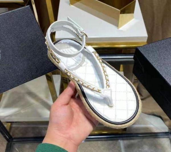 

sandals women039s summer flat bottom 2021 metal chain round head simple and generous straw woven sole flipflop1089692, Black