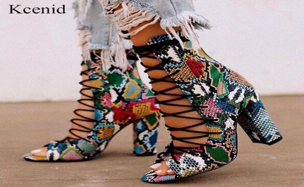 

boots kcenid 2021 women chunky heeled bootie multicolor snake print ankle spring shoes peep toe laceup ladies shoes19020863, Black