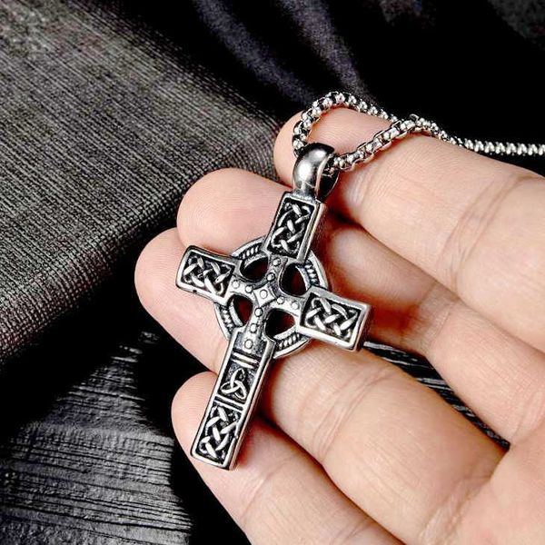 

2023 antique silver color cross pendant necklaces vintage viking celtic knot pattern mens titanium stainless steel chain jewelry amulet bijo