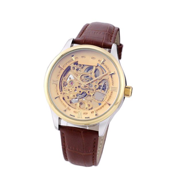 

brand luxury men watches business mens designer watch skeleton dial genuine leather strap mechanical automatic 43mm gold wristwatches for me, Slivery;brown