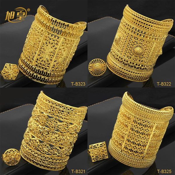

bangle xuhuang dubai ethiopia 24k plated gold hollow bangle with ring for women arabic luxury charm copper bangles party jewelry gifts, Black