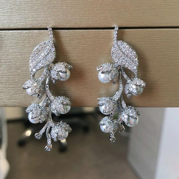 

knot bilincolor fashion leaf and flower white pearl earring for women, Silver