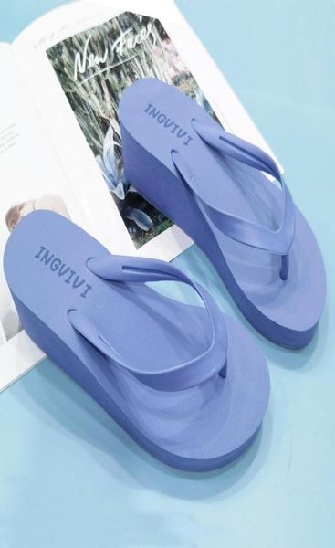 

slippers shoes woman 2021 casual med candy colors rubber flip flops on a wedge shale female beach platform luxury hawaiian1853170, Black