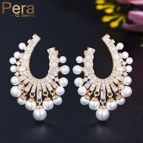 

knot pera famous design white pearl cubic zircon yellow gold color large dangling drop earrings for bridal wedding party jewelry e546, Silver
