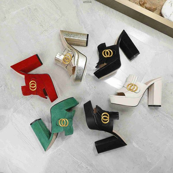 

classic designer women half slippers cowhide 100 leather suede thick heels metal slides woman shoe beach lazy sandals high heeled shoes larg, Black