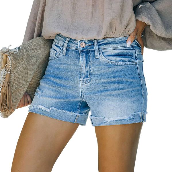 

2023 new summer women's high elastic tight mid rise shorts perforated jeans super for women, White;black