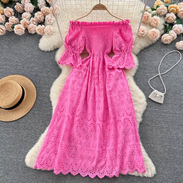 

casual dresses women new fashion slash neck a-line dress summer openwork short sleeve pleated waist solid color party clothes vestidos 2023, Black;gray