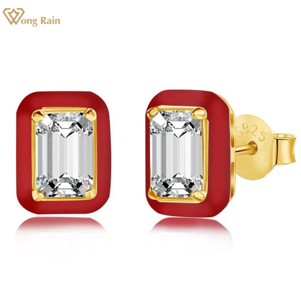 

stud wong rain 925 sterling silver emerald cut high carbon diamond gemstone 18k gold plated ear stud earrings fine jewelry wholesale, Golden;silver
