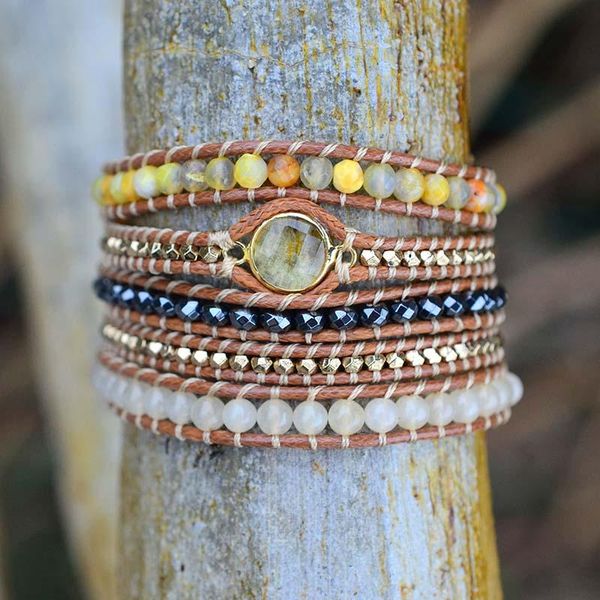 

bangle bohemian crystal vegan bracelet natural stone 5 chain wrap bracelet dropshipping, Black