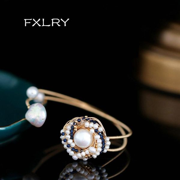 

bangle fxlry original handmade natural pearl vintage band charm bangle for women bridal wedding jewelry accessory, Black