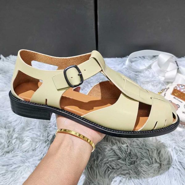 

2023 spring/summer spanish niche hereu genuine leather flat bottomed mary jane woven sandals for women, Black