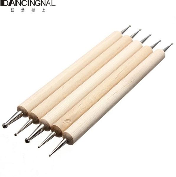 

5 pcs 2 way professional nail art tip dotting pen wood tool set manicure painting kit design diy tools new1595306, Silver