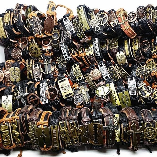 

bangle mixmax 100pcs leather bracelet men genuine vintage punk rock retro bangle for women couple pulsera hombre wholesale lots bulk, Black