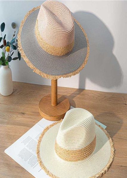 

retro color matching fringed ladies straw hat fashion wide flat brim jazz beach sun for summer uv upf50 2105312036489, Blue;gray